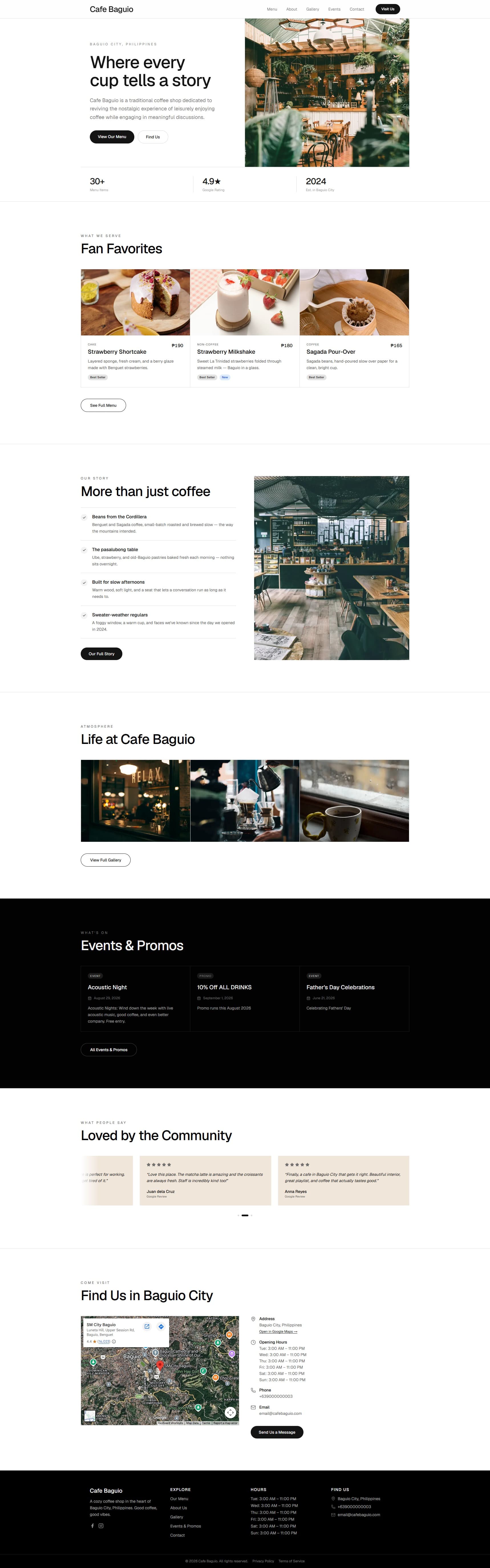 Full-page screenshot of the Baguio demo of the RD Prints+ cafe website system