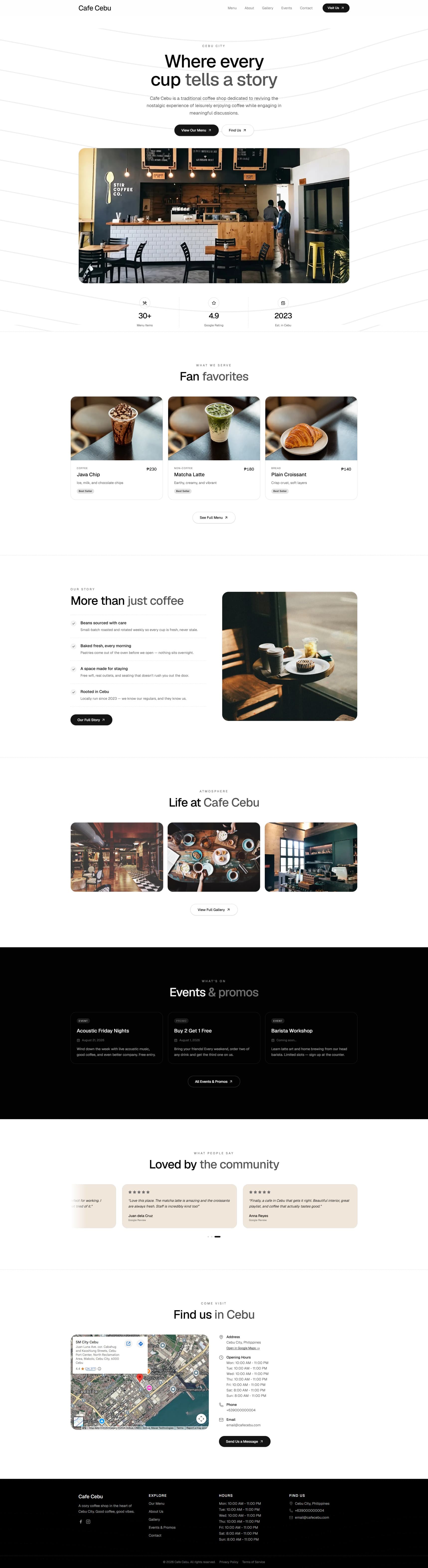 Full-page screenshot of the Cebu demo of the RD Prints+ cafe website system