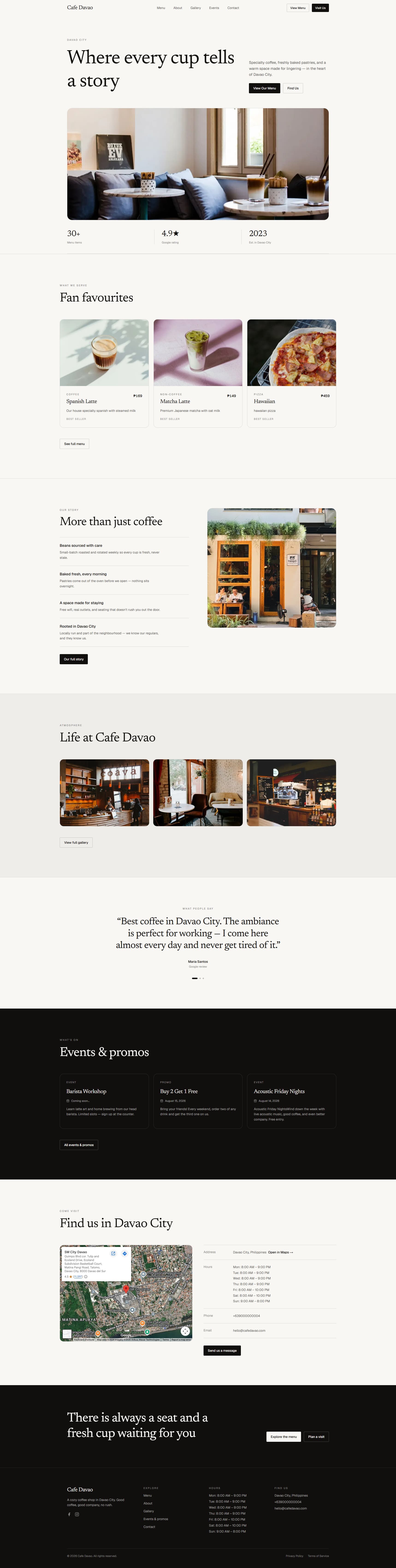 Full-page screenshot of the Davao demo of the RD Prints+ cafe website system