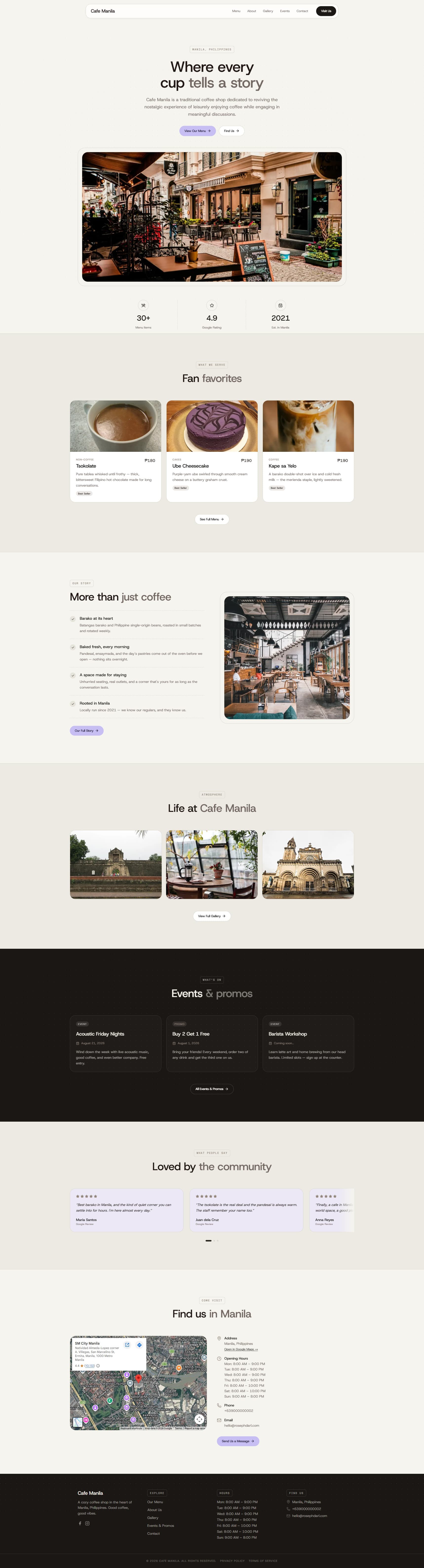 Full-page screenshot of the Manila demo of the RD Prints+ cafe website system