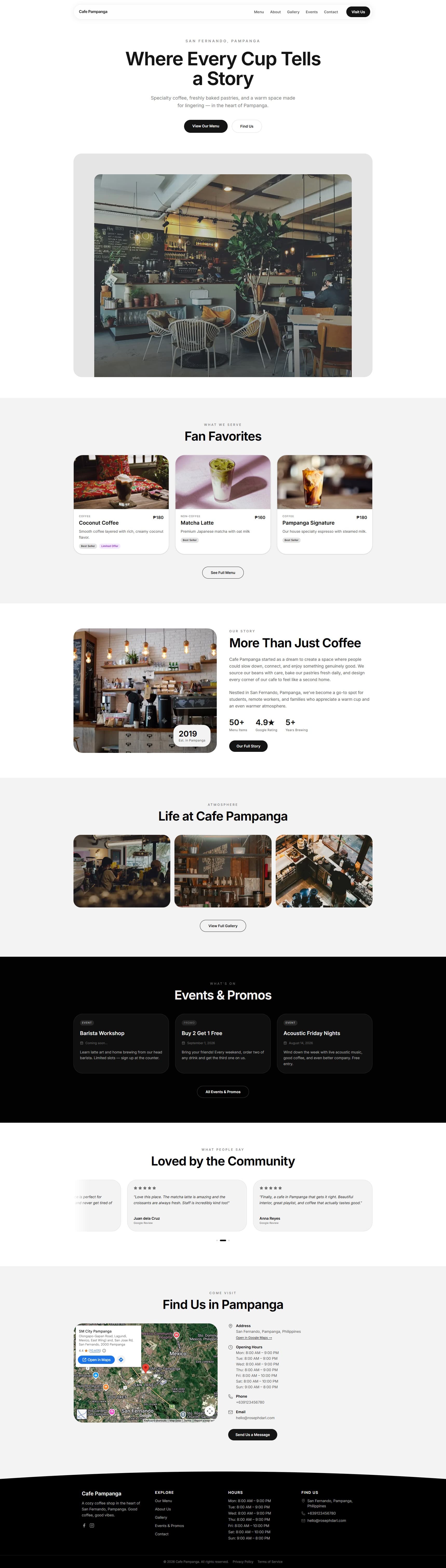 Full-page screenshot of the Pampanga demo of the RD Prints+ cafe website system